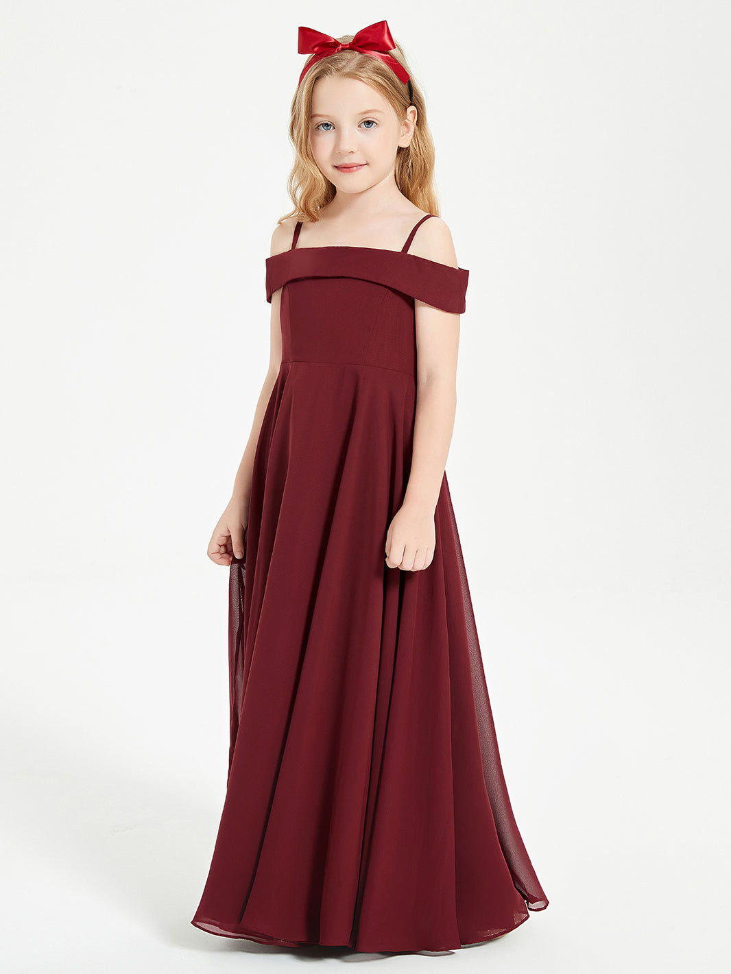 modern junior bridesmaid dresses BABARONI Off-the-shoulder Ruched Junior Bridesmaid Dresses Cabernet, Cabernet / J4