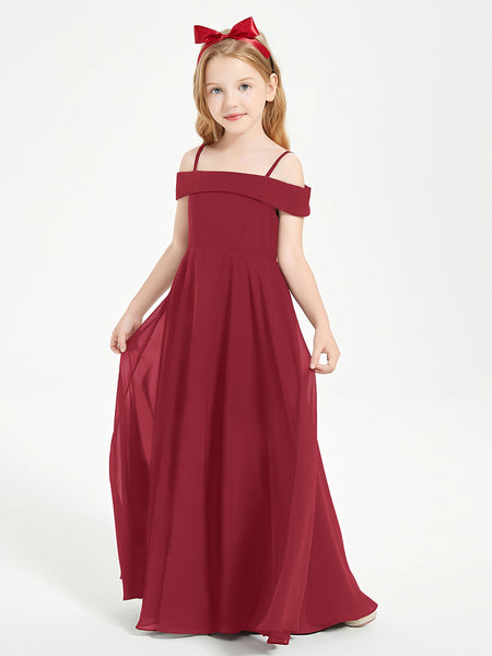 BABARONI Chiffon Burgundy Junior Bridesmaid Dresses A-line Off-the-shoulder Straps Ruched Floor-length, Burgundy / J4