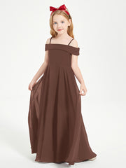 BABARONI Chiffon Chocolate Junior Bridesmaid Dresses A-line Off-the-shoulder Straps Ruched Floor-length, Chocolate / J4