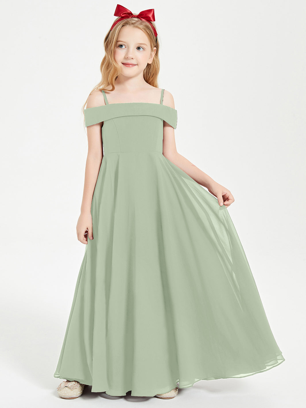BABARONI Chiffon Dusty Sage Junior Bridesmaid Dresses A-line Off-the-shoulder Straps Ruched Floor-length, Dusty Sage / J4