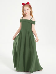 BABARONI Chiffon Olive Green Junior Bridesmaid Dresses A-line Off-the-shoulder Straps Ruched Floor-length BABARONI Chiffon Olive Green Junior Bridesmaid Dresses A-line Off-the-shoulder Straps Ruched Floor-length