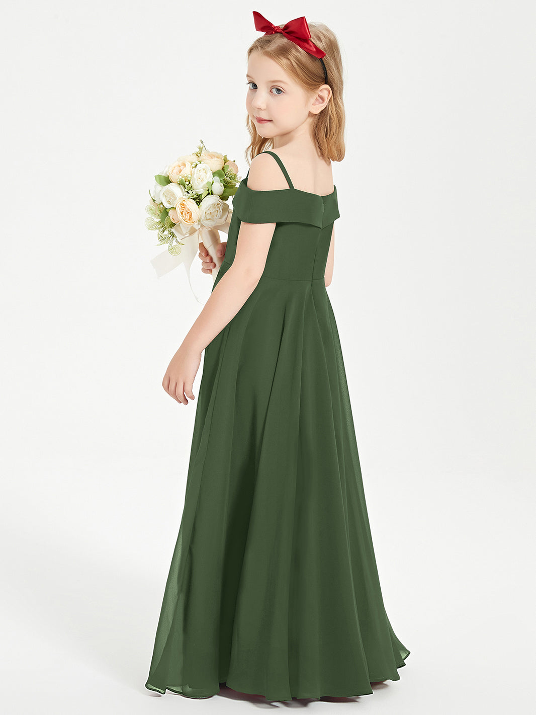 green junior bridesmaid dresses BABARONI Chiffon Olive A-line Off-the-shoulder Straps Ruched Floor-length, Olive Green / J4 Zipper Silhouette Lace Half-Sleeve Plus-Size Graduation Dresser Mirrors Tamanhos:M