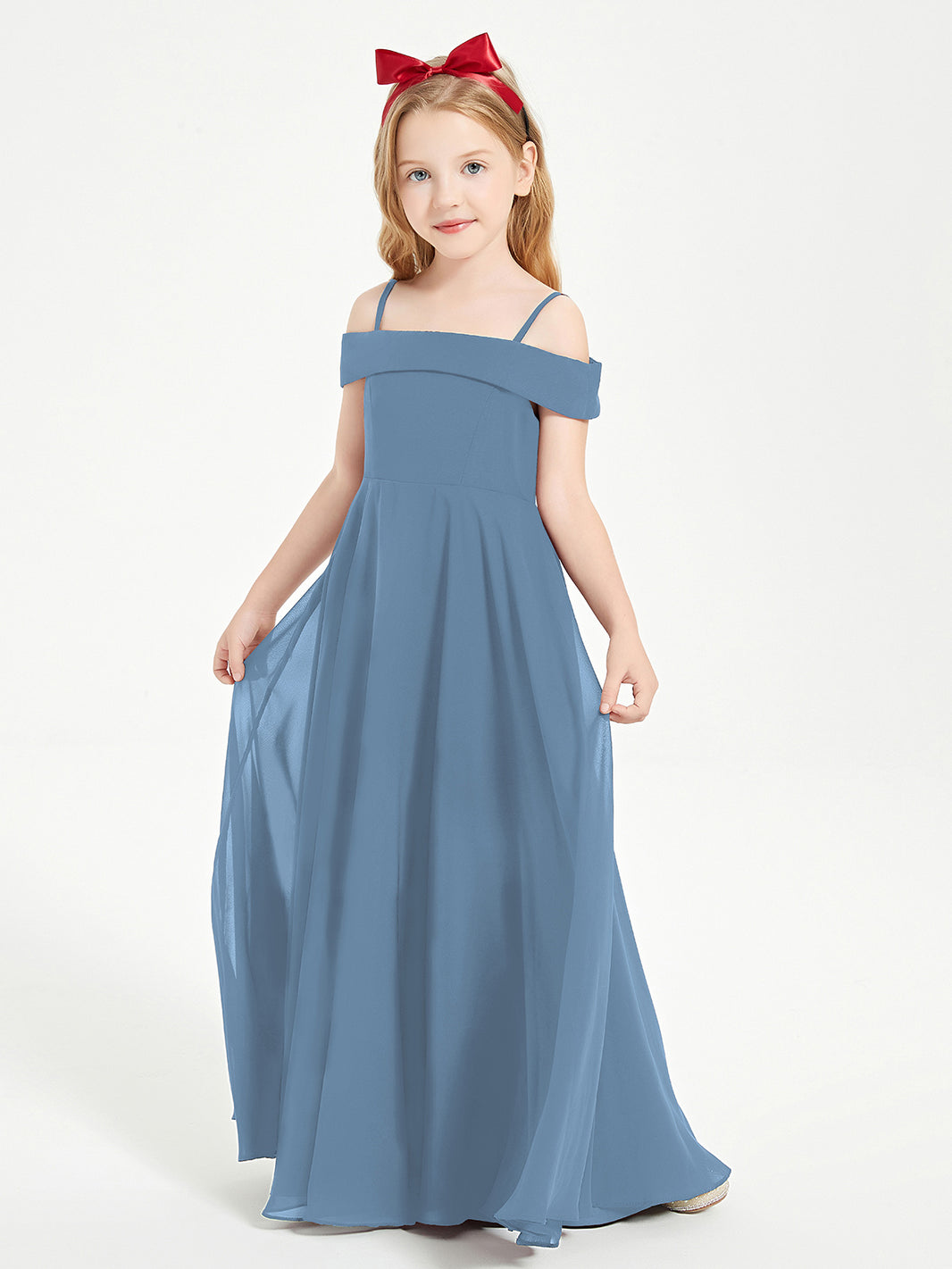 slate blue junior bridesmaid dresses BABARONI Chiffon A-line Off-the-shoulder Straps Ruched Floor-length, Slate Blue / J4 Ruched Built new year 2024 Jean Paul Gaultier Asymmetrical Size:9-11 YRS