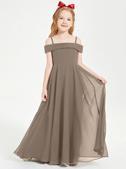 BABARONI Chiffon Taupe Junior Bridesmaid Dresses A-line Off-the-shoulder Straps Ruched Floor-length