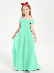 BABARONI Chiffon Turquoise Junior Bridesmaid Dresses A-line Off-the-shoulder Straps Ruched Floor-length, Turquoise / J4