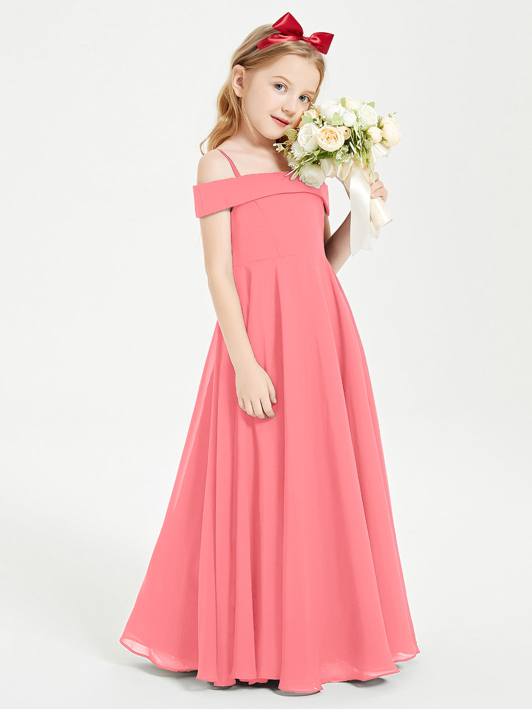 BABARONI Chiffon Watermelon Junior Bridesmaid Dresses A-line Off-the-shoulder Straps Ruched Floor-length, Watermelon / J4