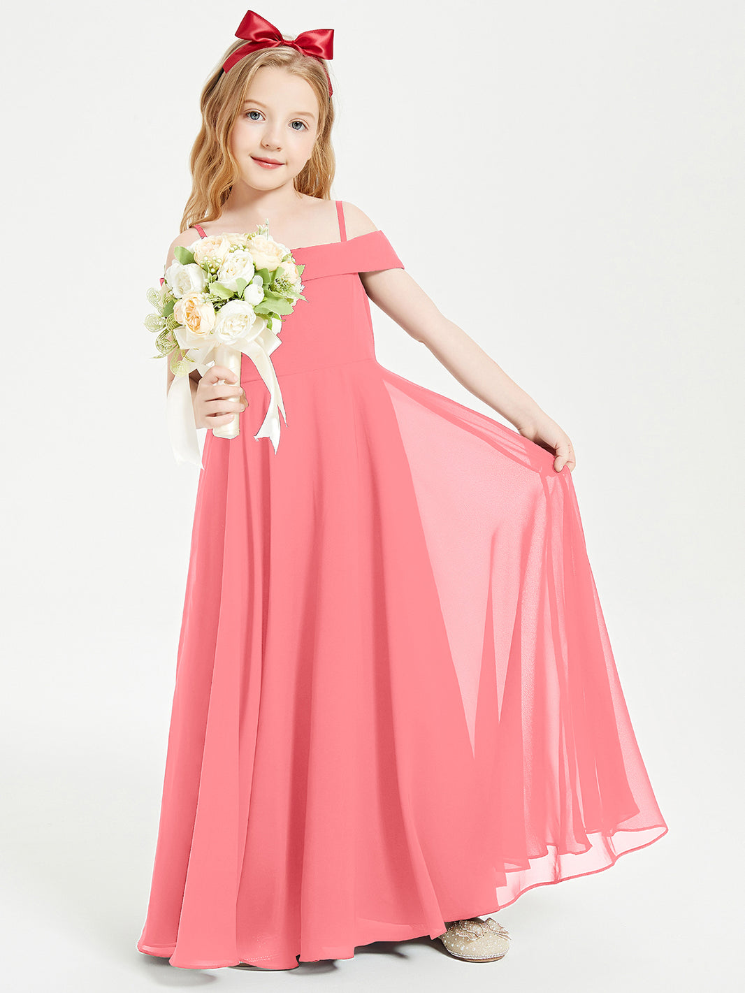 BABARONI Chic Junior Bridesmaid Dresses Off the Shoulder Watermelon, Watermelon / J4 BABARONI Chic Junior Bridesmaid Dresses Off the Shoulder Watermelon, Watermelon / J4