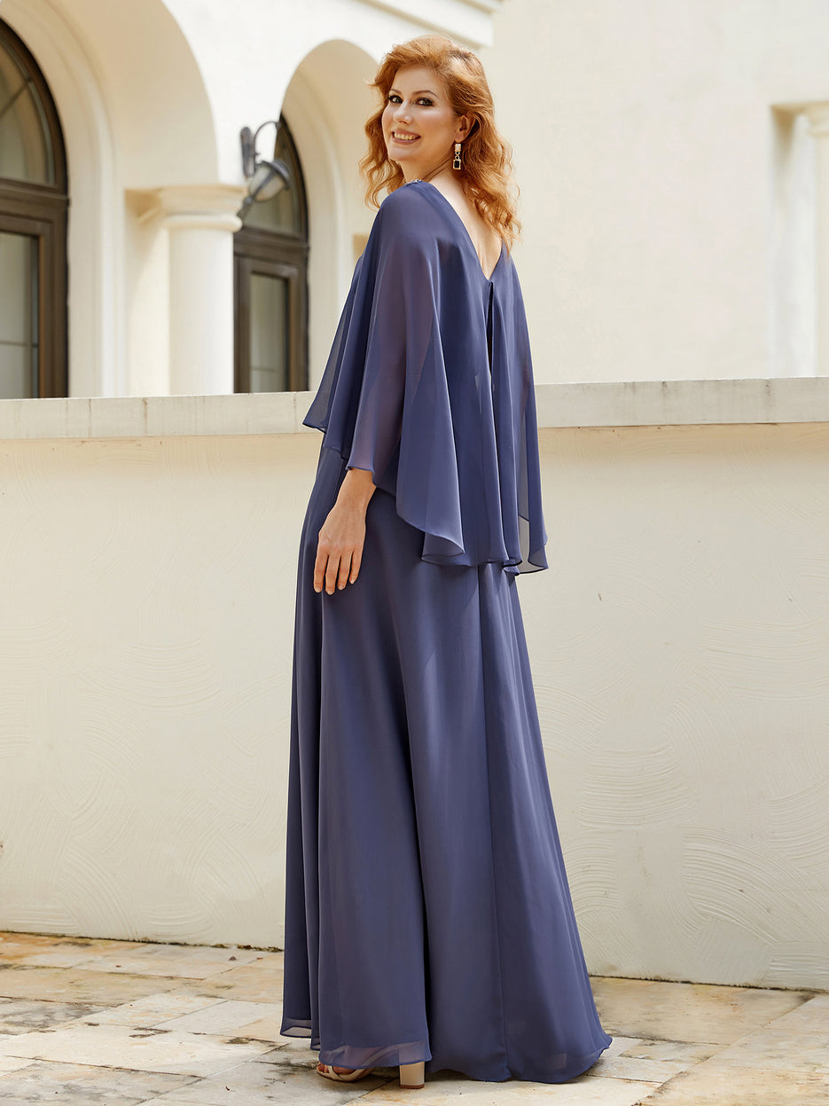 Chiffon Flutter Cape Sleeves V-Neck A-Line Gown Ivory main image 1