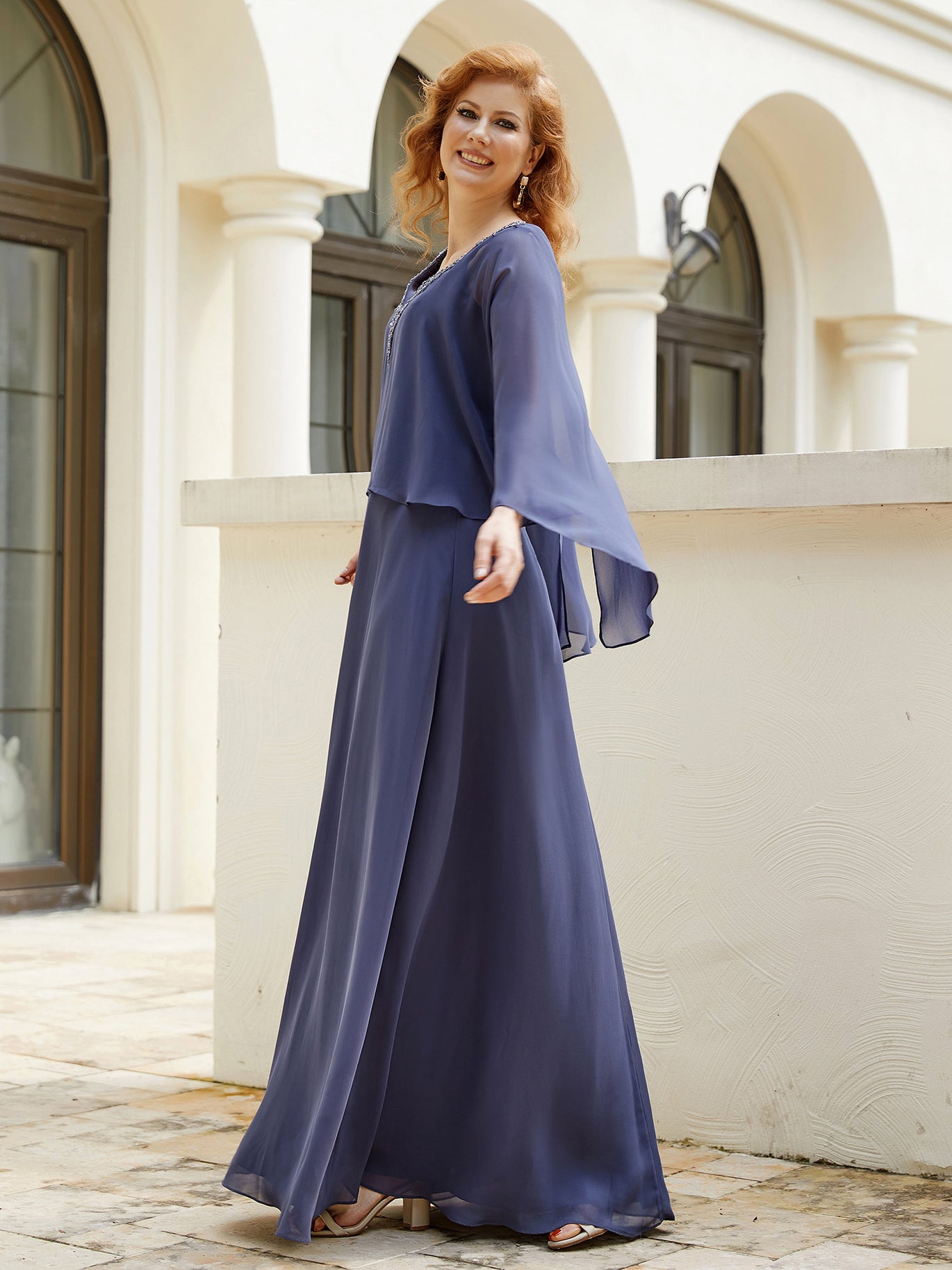 Gorgeous A-line Flutter Cape Sleeves Dress Dark Navy