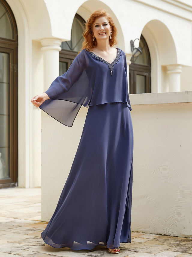 Chiffon Flutter Cape Sleeves V-Neck A-Line Gown Wisteria main image 1