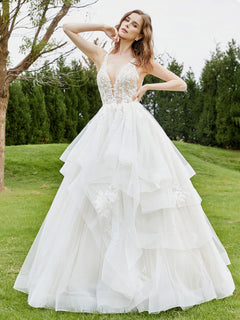 Lace Bodice Plunging V-neck Sleeveless Ruffles Wedding Dress Ivory