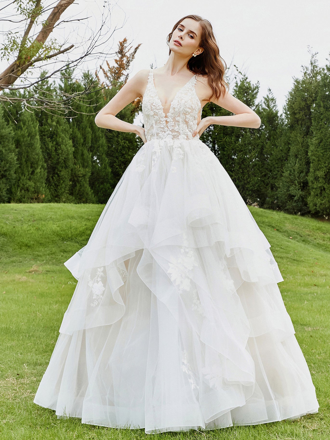 BABARONI Lace Bodice Plunging V-neck Sleeveless Ruffles Wedding Dress White, White / US0 BABARONI Lace Bodice Plunging V-neck Sleeveless Ruffles Wedding Dress White, White / US0