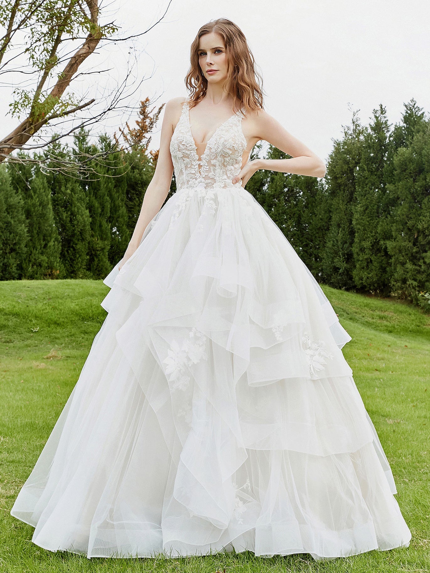 BABARONI Lace Bodice Plunging V-neck Sleeveless Ruffles Wedding Dress White, White / US0 BABARONI Lace Bodice Plunging V-neck Sleeveless Ruffles Wedding Dress White, White / US0