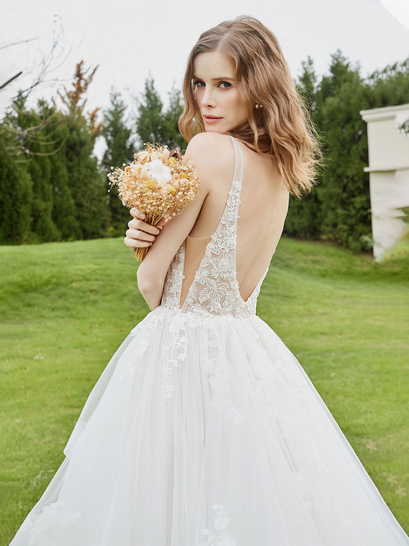 lace ballgown wedding dress BABARONI Lace Bodice Plunging V-neck Sleeveless Ruffles Wedding Dress White, White / US0