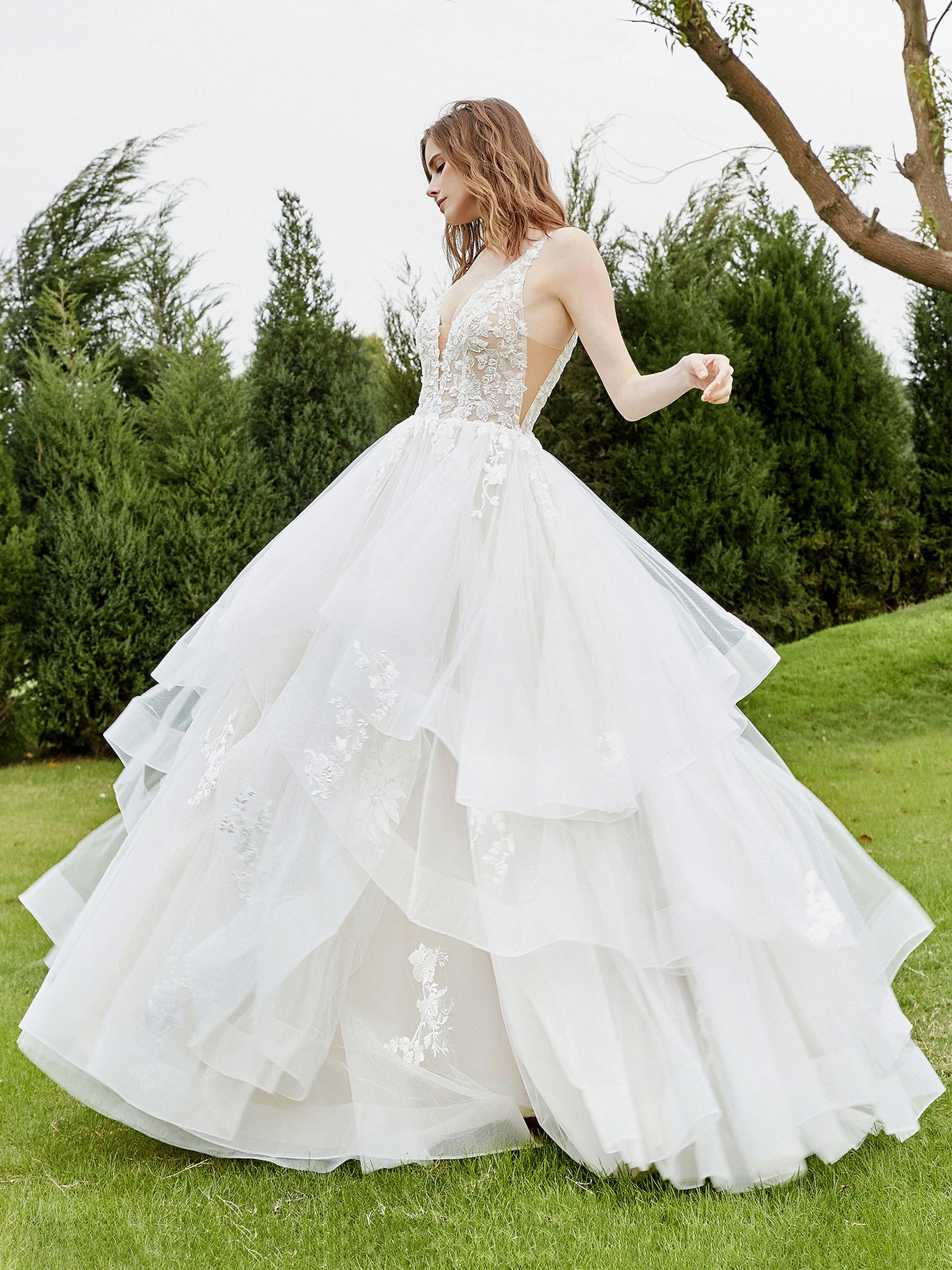 BABARONI Lace Bodice Plunging V-neck Sleeveless Ruffles Wedding Dress White, White / US0
