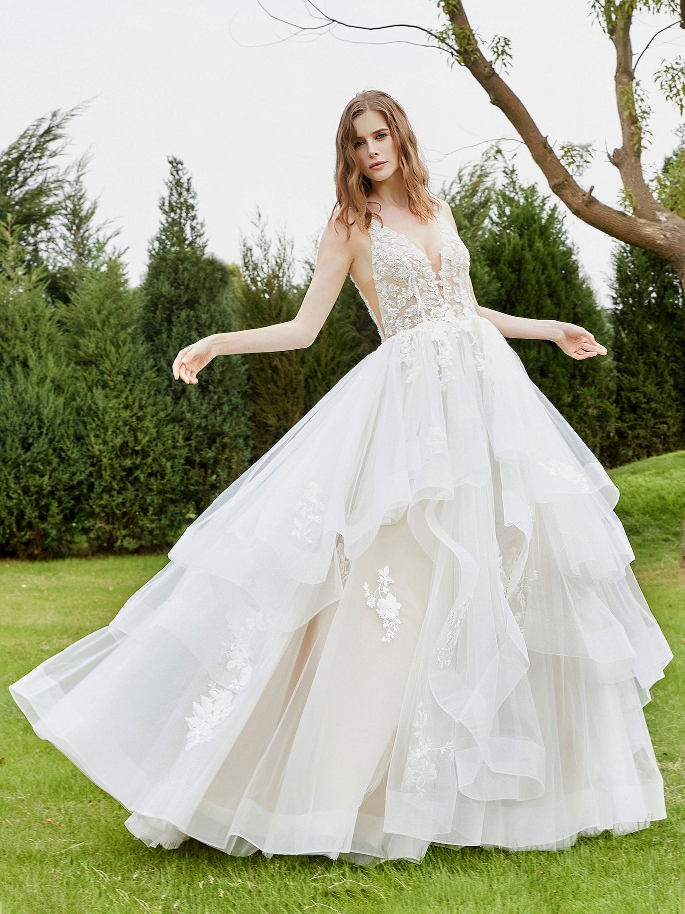 BABARONI Lace Bodice Plunging V-neck Sleeveless Ruffles Wedding Dress White, White / US0