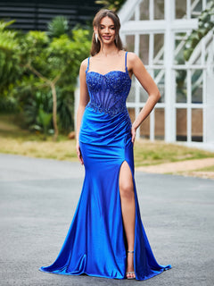 Glittering Corset Bodice Trumpet/Mermaid Dress with Slit Royal Blue