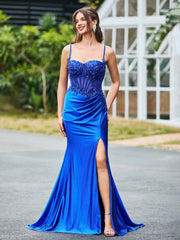 Glittering Corset Bodice Trumpet/Mermaid Dress with Slit Royal Blue