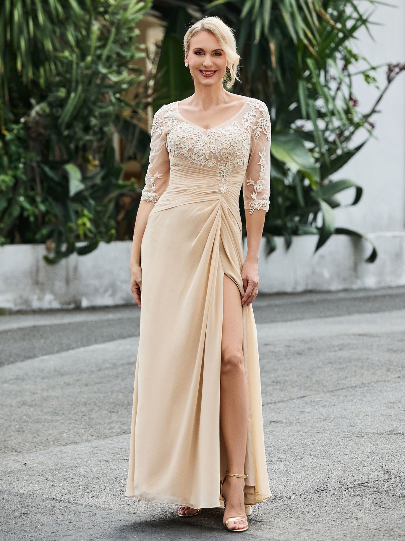 Off the Shoulder Chiffon Floor-Length Dress with Slit Champagne Plus Size