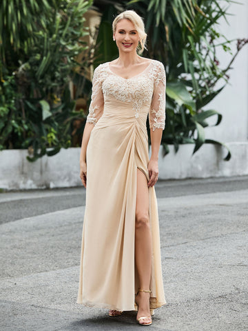 Half Sleeves Long Gown with Slit Champagne Plus Size main image 1