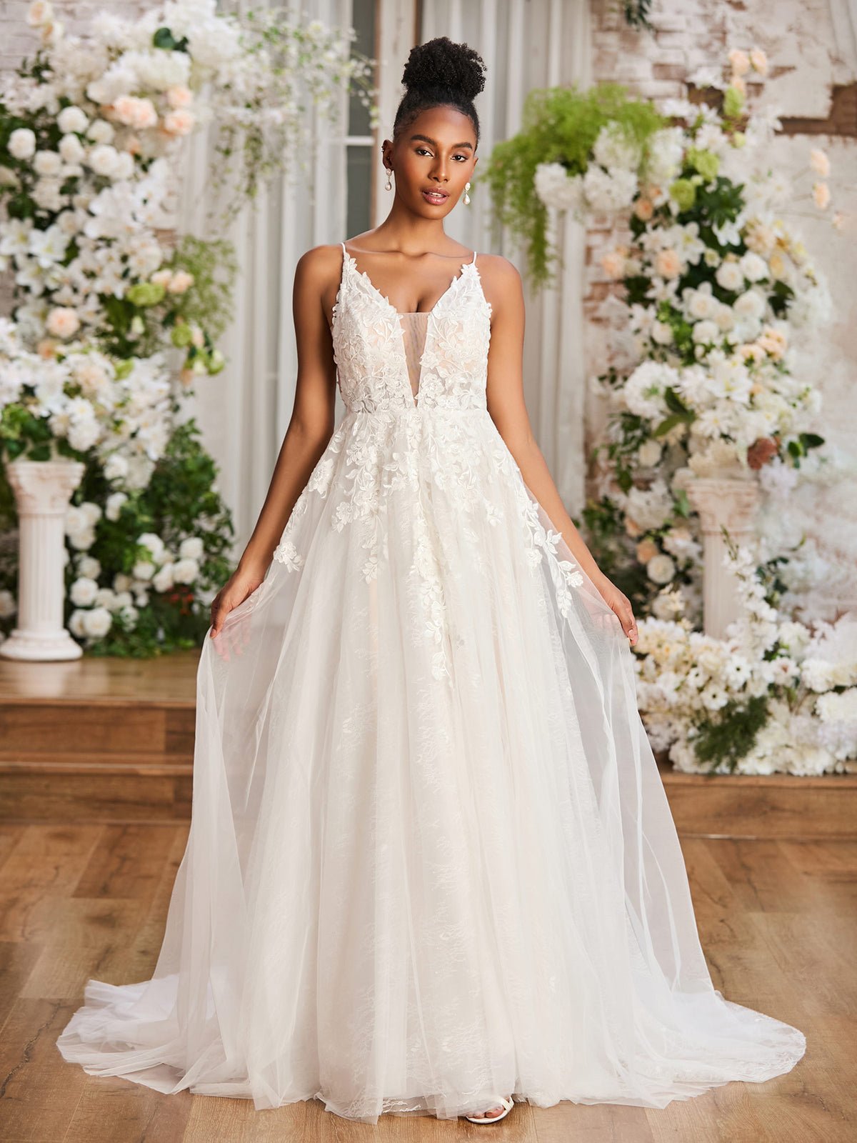lace nude wedding dress BABARONI Ivory Dresses A-line Halter Lace Floor-length Lace-up shirtco Delicate floral embroidery drapes Choose Finish:Black Oak Non-Iron Navy & White