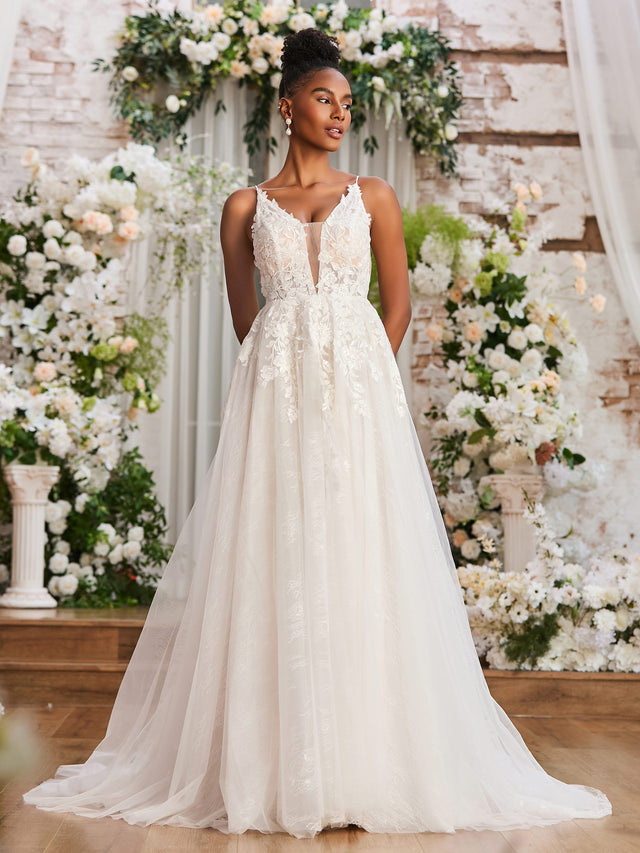 Ball Gown V Neck Spaghetti Straps Ivory Lace Wedding Gown TWA3312