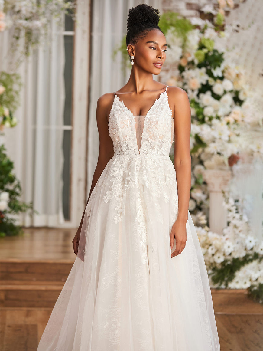 BABARONI Tulle Lace Ivory Wedding Dresses A-line Deep V-Neck Thin