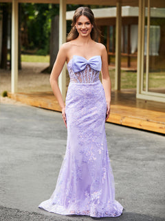 Bow-Front Lace Appliqued Trumpet/Mermaid Gown Lilac