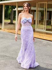 Bow-Front Lace Appliqued Trumpet/Mermaid Gown Lilac