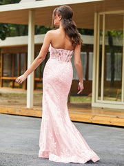 Bow-Front Lace Appliqued Trumpet/Mermaid Gown Blushing Pink