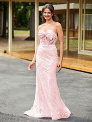 Bow-Front Lace Appliqued Trumpet/Mermaid Gown Blushing Pink