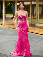 Bow-Front Lace Appliqued Trumpet/Mermaid Gown Fuchsia