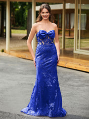Bow-Front Lace Appliqued Trumpet/Mermaid Gown Royal Blue
