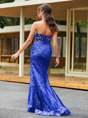 Bow-Front Lace Appliqued Trumpet/Mermaid Gown Royal Blue