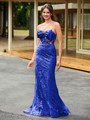 Bow-Front Lace Appliqued Trumpet/Mermaid Gown Royal Blue