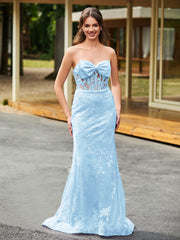 Bow-Front Lace Appliqued Trumpet/Mermaid Gown Sky Blue