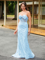 Bow-Front Lace Appliqued Trumpet/Mermaid Gown Sky Blue
