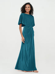 Sheath Velvet Long Dresses with Flutter Sleeves Ink Blue Plus Size