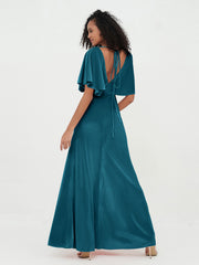 Sheath Velvet Long Dresses with Flutter Sleeves Ink Blue Plus Size