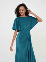 Sheath Velvet Long Dresses with Flutter Sleeves Ink Blue Plus Size