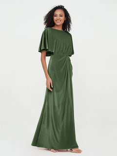 Sheath Velvet Long Dresses with Flutter Sleeves Olive Green