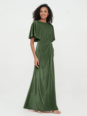 Sheath Velvet Long Dresses with Flutter Sleeves Olive Green Plus Size