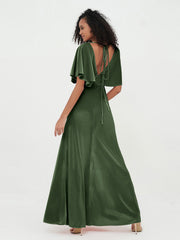 Sheath Velvet Long Dresses with Flutter Sleeves Olive Green