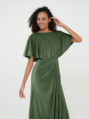 Sheath Velvet Long Dresses with Flutter Sleeves Olive Green