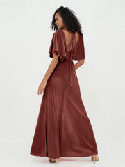Sheath Velvet Long Dresses with Flutter Sleeves Terracotta Plus Size