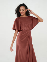 Sheath Velvet Long Dresses with Flutter Sleeves Terracotta Plus Size