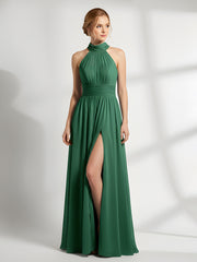 High Neck Full Length Dresses with Slit Dark Green