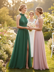 High Neck Full Length Dresses with Slit Dark Green