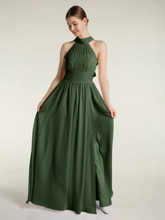 High Neck Full Length Dresses with Slit Olive Green