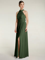 High Neck Full Length Dresses with Slit Olive Green